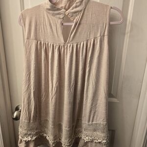 Lapis Cream Sleeveless Blouse with Lace Hem